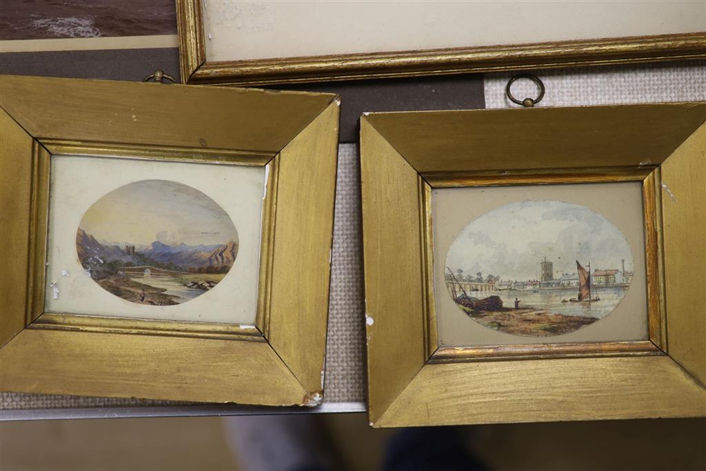 Attributed to David Cox, watercolour, Figures passing a house, 13 x 18cm, with two small oval watercolours and a group of assorted prin